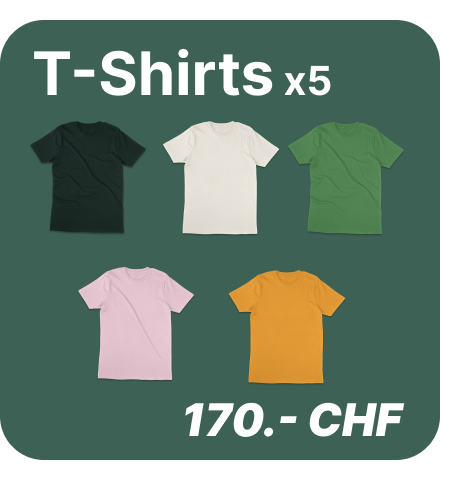 Five neatly arranged T-shirts in black, white, green, pink, and yellow, displayed with a price tag of 170 CHF.